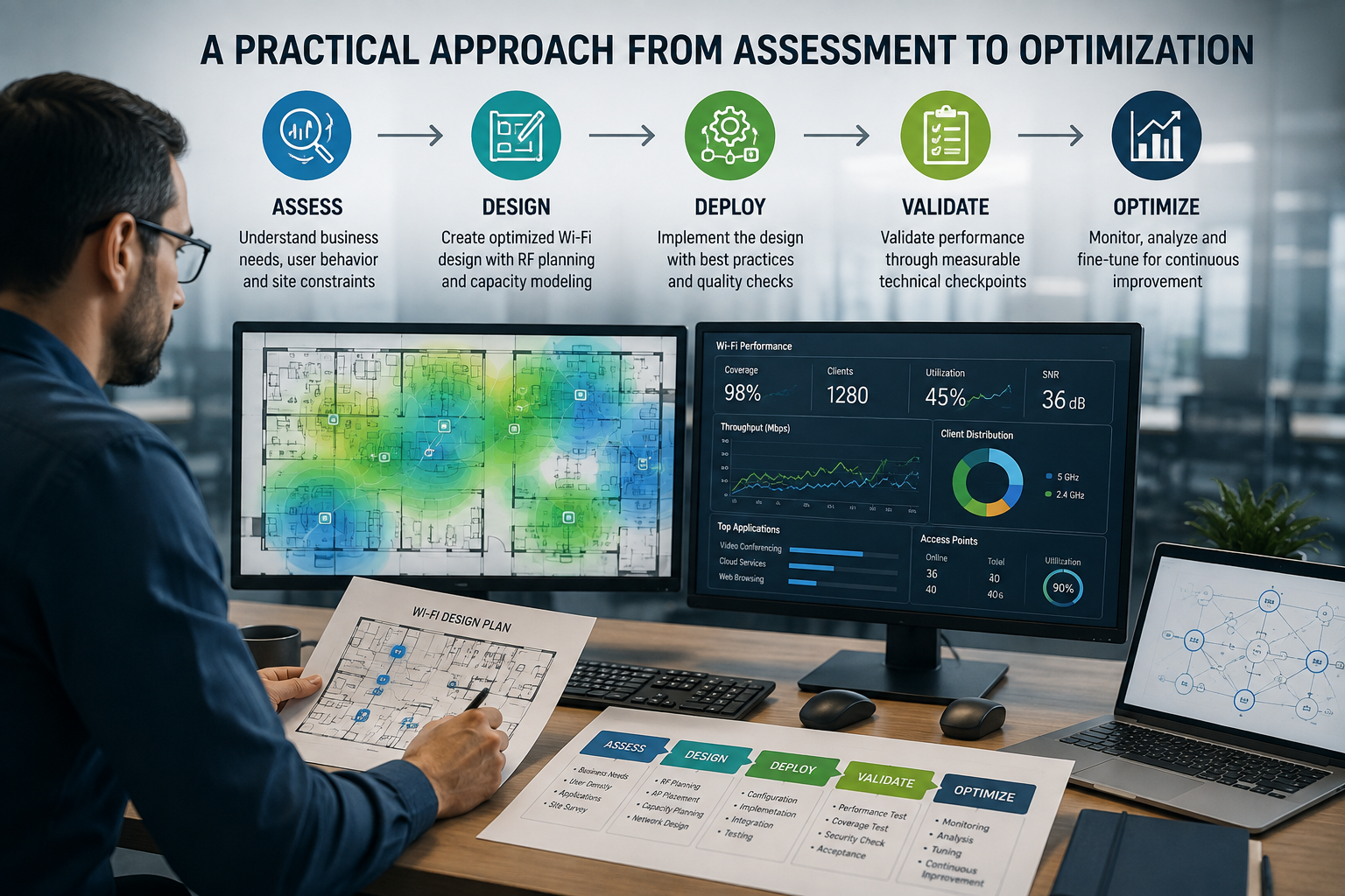 Wireless engineers validating Wi-Fi network performance